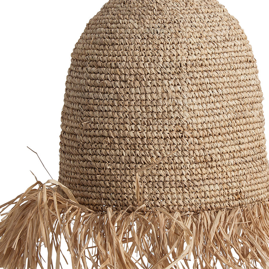 Törzsi ihletésű, kortárs stílusú, natúr színű, raffiából szőtt függeszték lámpa