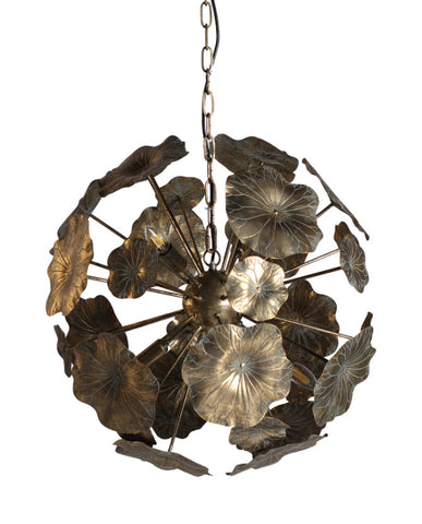 Kortárs stílusú, fémből készült, antikolt aranyszínű tündérrózsalevelekkel díszített függeszték lámpa