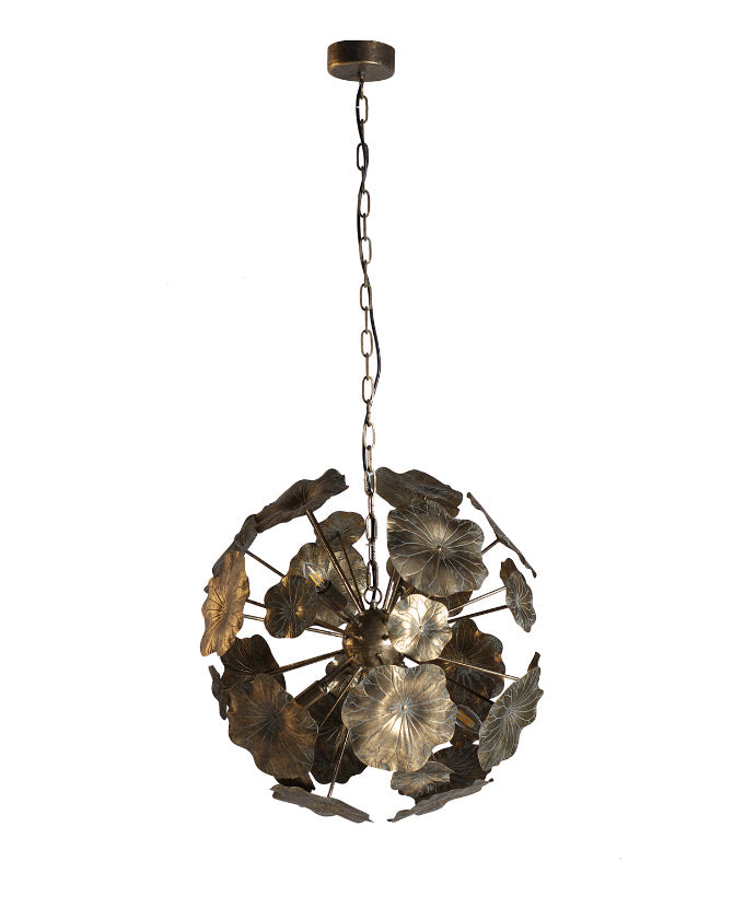 Kortárs stílusú, fémből készült, antikolt aranyszínű tündérrózsalevelekkel díszített függeszték lámpa