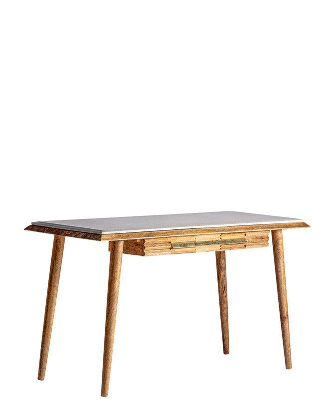 Kortárs stílusú, mangófából készült, dizájn íróasztal márvány asztallappal.