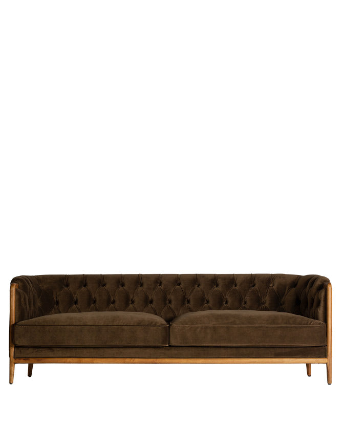 Koloniál stílusú, olívazöld színű, műszálas szövettel kárpitozott kanapé