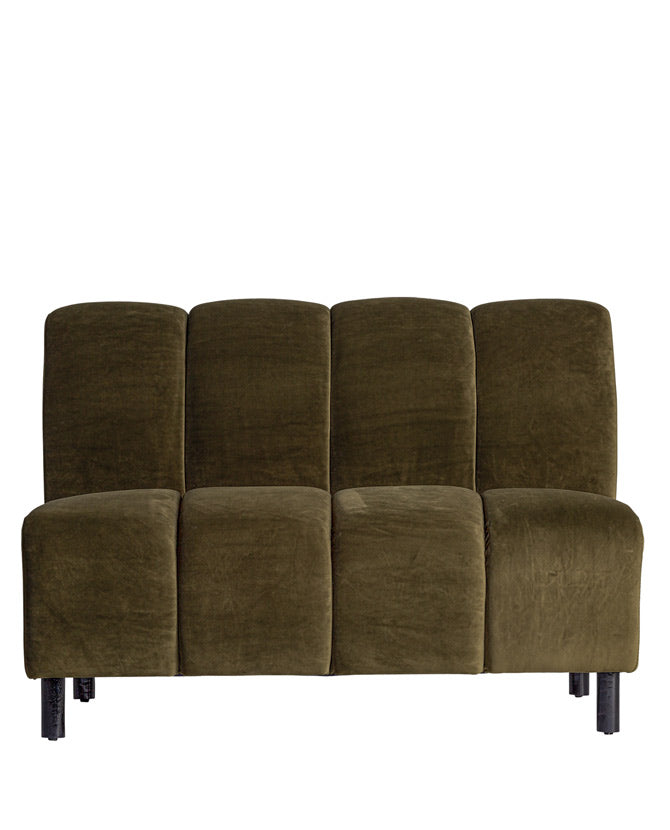 Kortárs stílusú,  olajzöld színű bársonnyal kárpitozott moduláris kanapé.