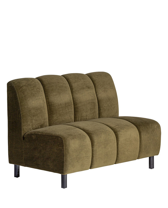 Kortárs stílusú, olajzöld színű bársonnyal kárpitozott moduláris kanapé.