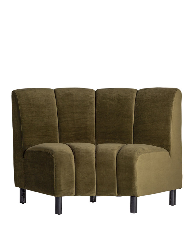 Kortárs stílusú, olajzöld színű bársonnyal kárpitozott moduláris kanapé.