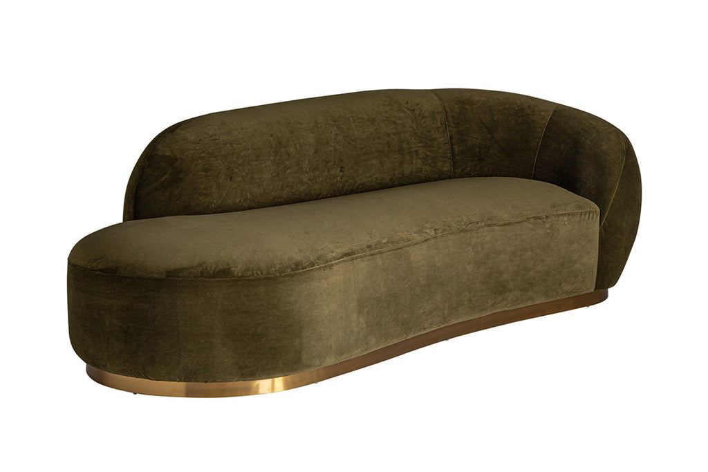 Modern art deco stílusú, olajzöld színű bársonnyal kárpitozott kanapé.