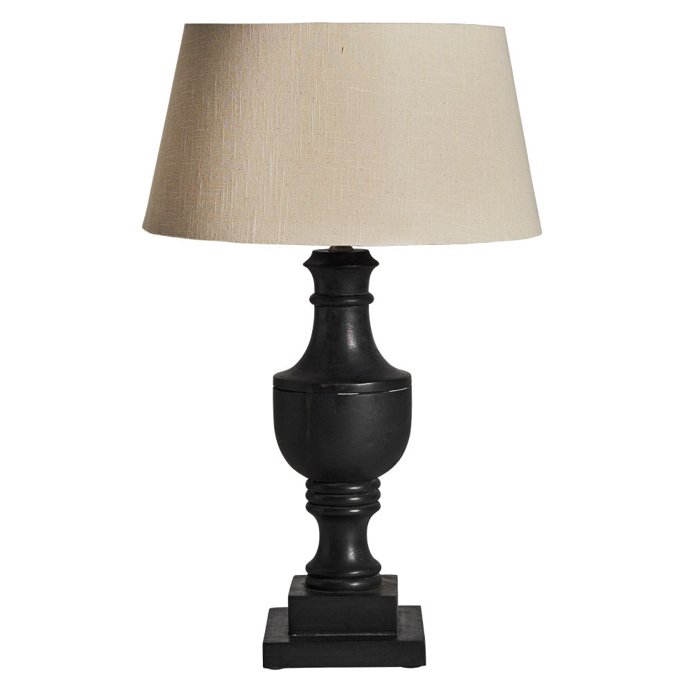 Mangófából faragott, fekete színű asztali lámpa, natúr színű pamut lámpaernyővel