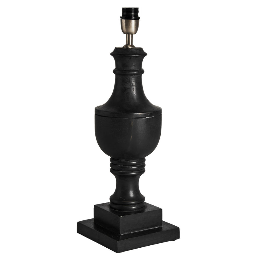 Mangófából faragott, fekete színű asztali lámpa, natúr színű pamut lámpaernyővel