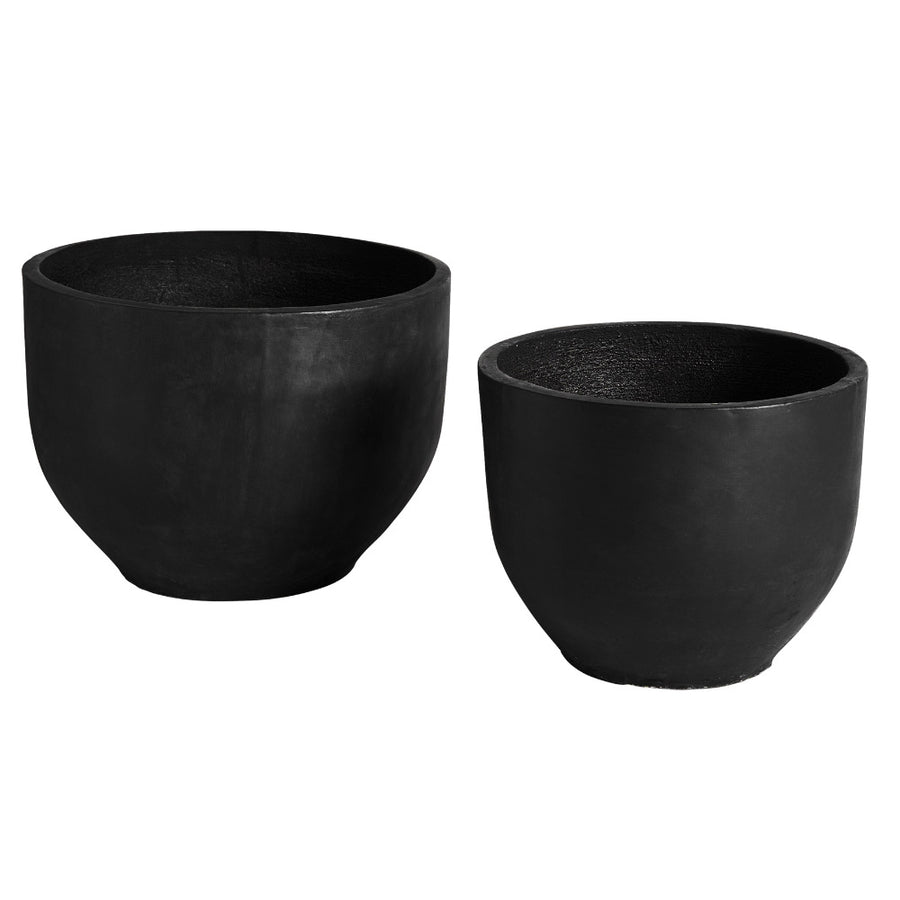 Két darabos, kortárs stílusú, fekete színű, égetett terrakotta kaspó szett
