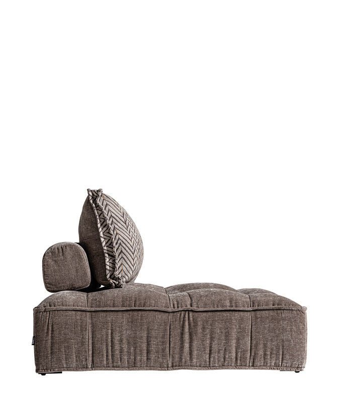 Kortárs stílus, taupe színű vászon kárpitozású moduláris dizájn kanapé.