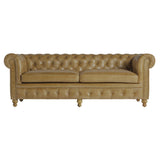Vintage stílusú, fenyőfa szerkezetű, barna színű bőrrel kárpitozott Chesterfield kanapé.