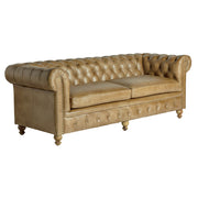 Vintage stílusú, fenyőfa szerkezetű, barna színű bőrrel kárpitozott Chesterfield kanapé.