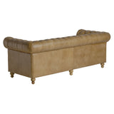 Vintage stílusú, fenyőfa szerkezetű, barna színű bőrrel kárpitozott Chesterfield kanapé.