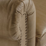 Vintage stílusú, fenyőfa szerkezetű, barna színű bőrrel kárpitozott Chesterfield kanapé.