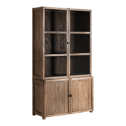 Koloniál stílusú, natúr, újrahasznosított vasúti talpfából készült vitrines könyvszekrény, tálalószekrény