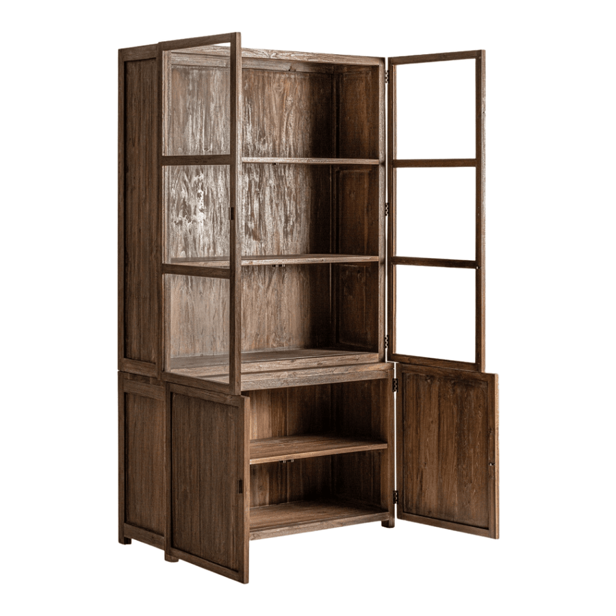 Koloniál stílusú, natúr, újrahasznosított vasúti talpfából készült vitrines könyvszekrény, tálalószekrény