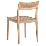 Koloniál stílusú, natúr színű, teakfa étkezőszék kötélből szőtt ülőfelülettel.