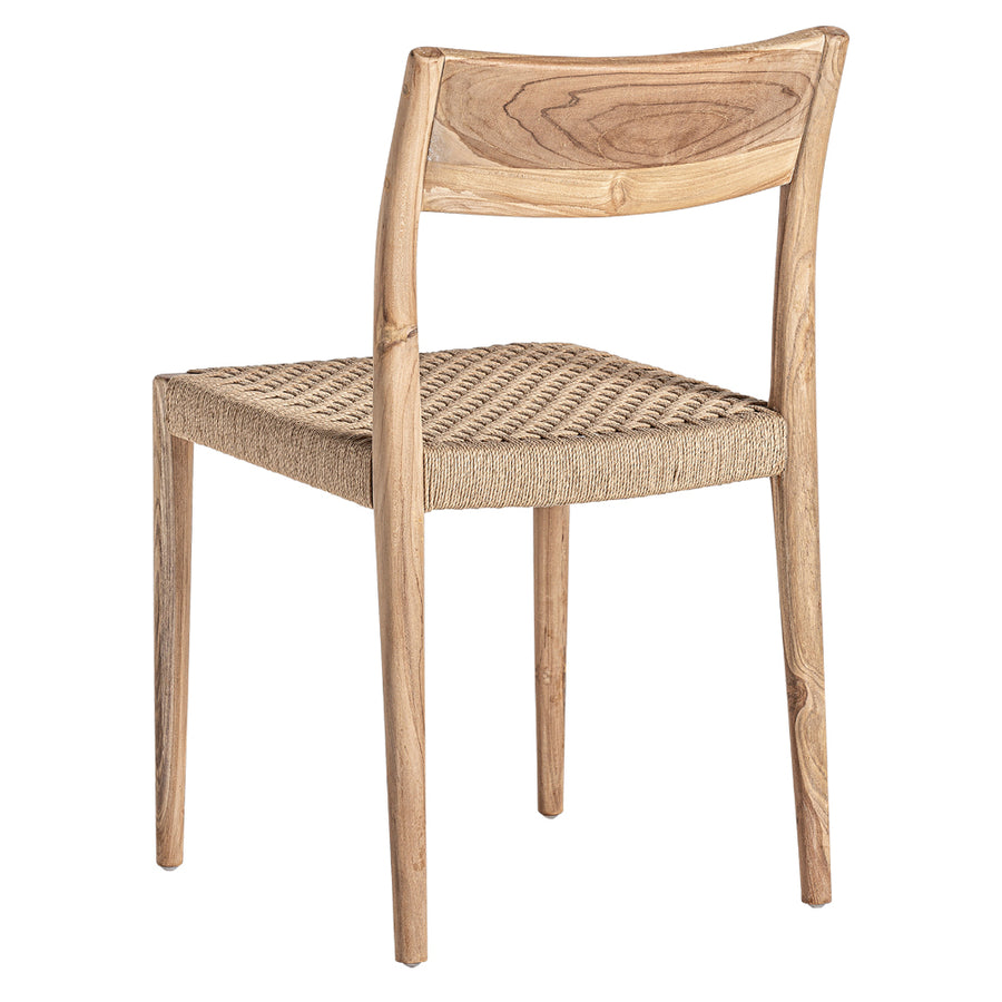 Koloniál stílusú, natúr színű, teakfa étkezőszék kötélből szőtt ülőfelülettel.