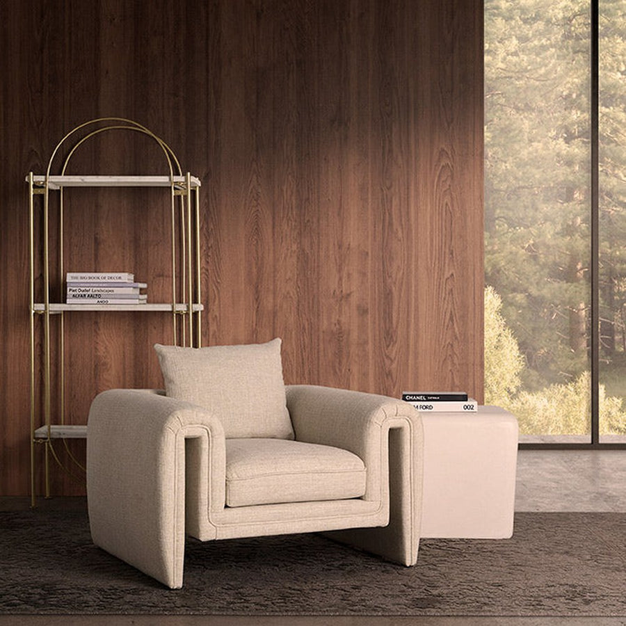 Kortárs stílusú, világosszürke színű poliészter szövettel kárpitozott dizájn fotel