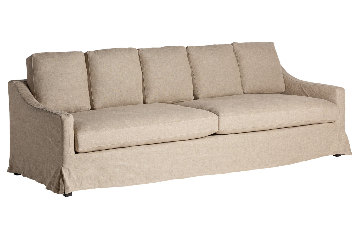Bézs színű lenvászon kárpitozású, kényelmes párnákkal ellátott kortárs kanapé.