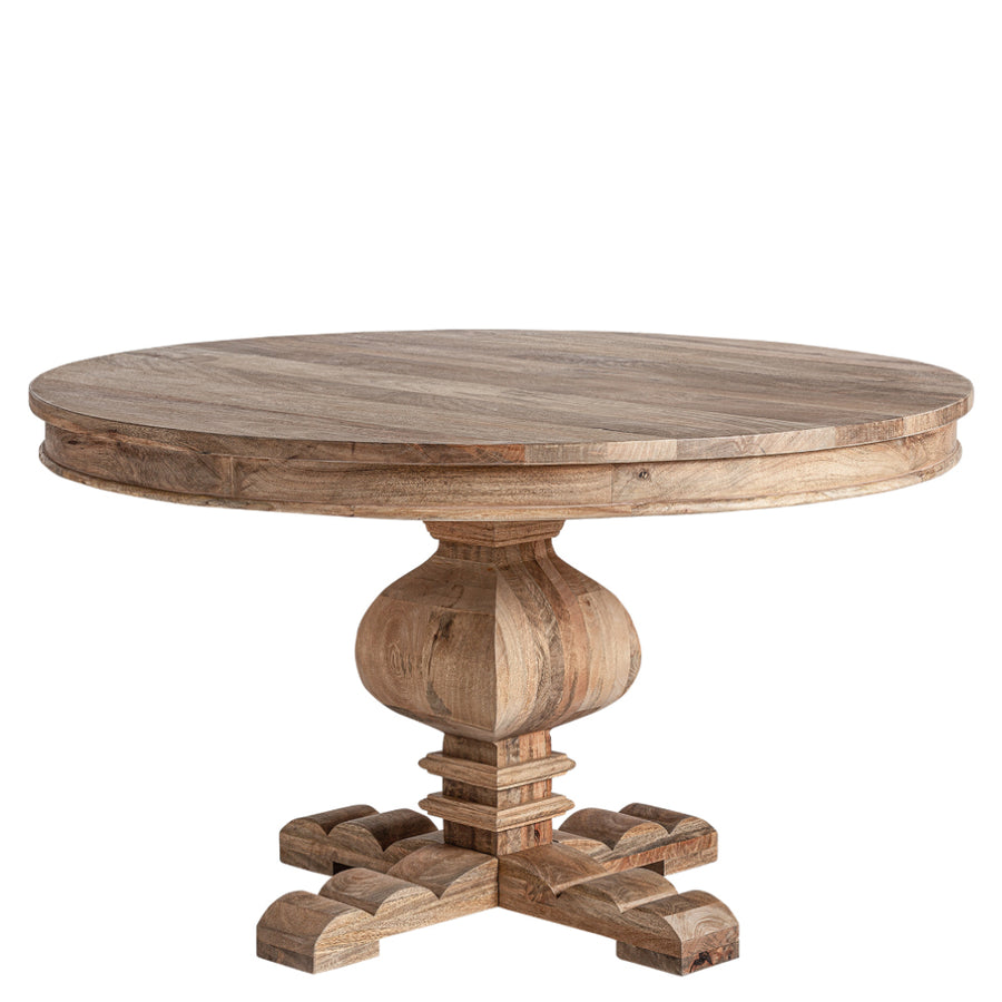 Nagyméretű, koloniál stílusú, mangófából készült, natúr színű, kör alakú étkezőasztal