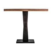 Világosbarna mangófa bisztróasztal antikolt fekete fém lábbal – frontális nézet, Bugle kollekció