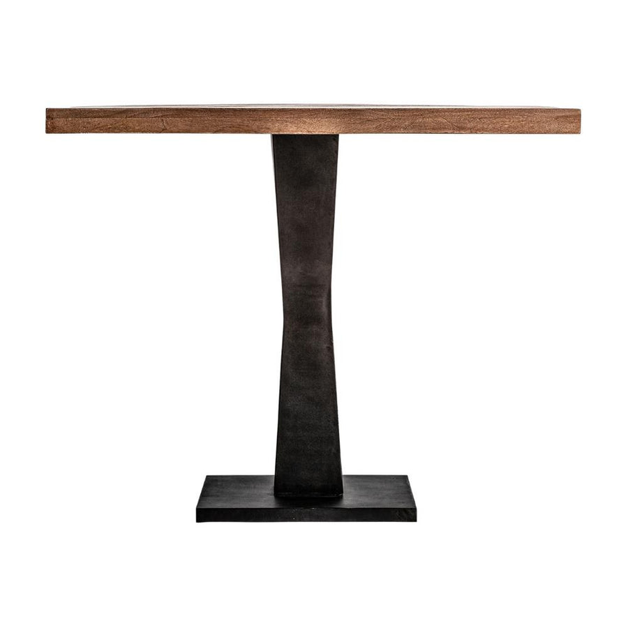 Világosbarna mangófa bisztróasztal antikolt fekete fém lábbal – frontális nézet, Bugle kollekció