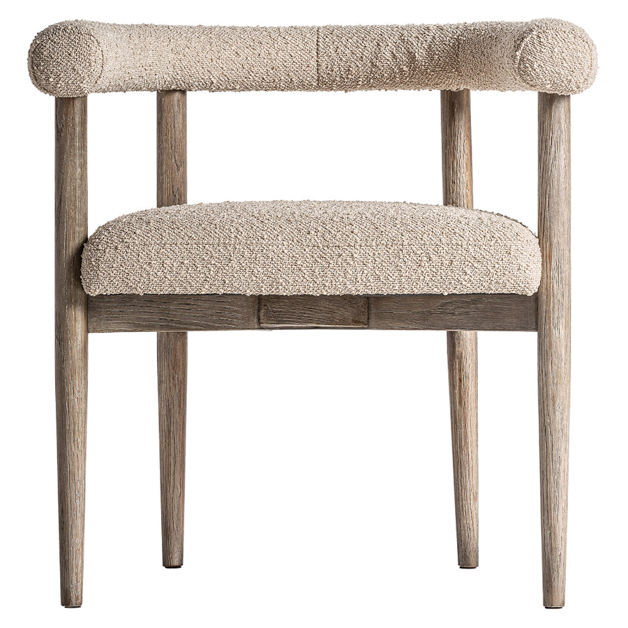 Kortárs stílusú, natúr színű, kőrisfa étkezőszék buklé hatású szövettel kárpitozva.