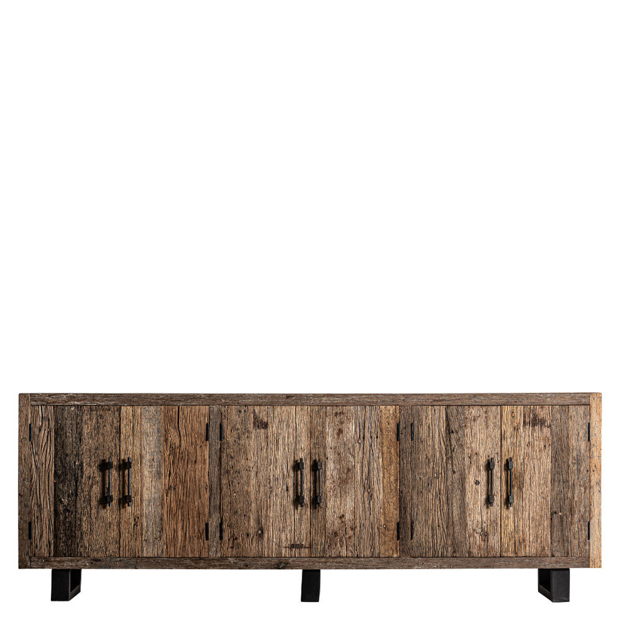 Kortárs stílusú, natúr színű, újrahasznosított fenyőfából készült tálaló.