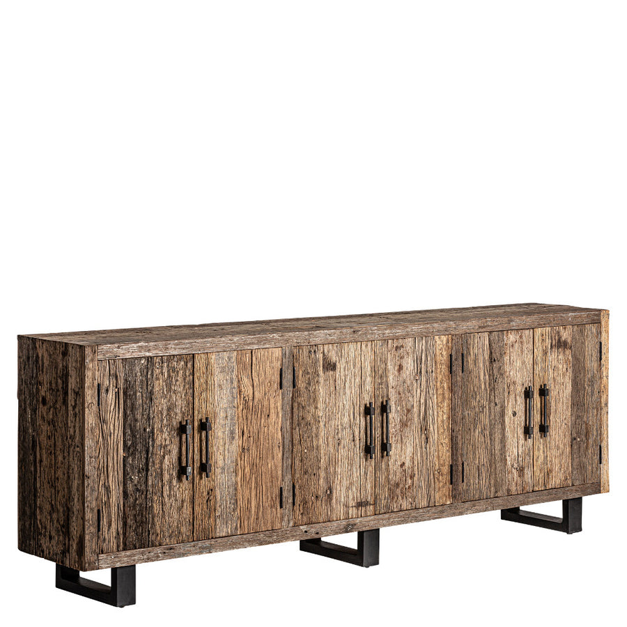 Kortárs stílusú, natúr színű, újrahasznosított fenyőfából készült tálaló.