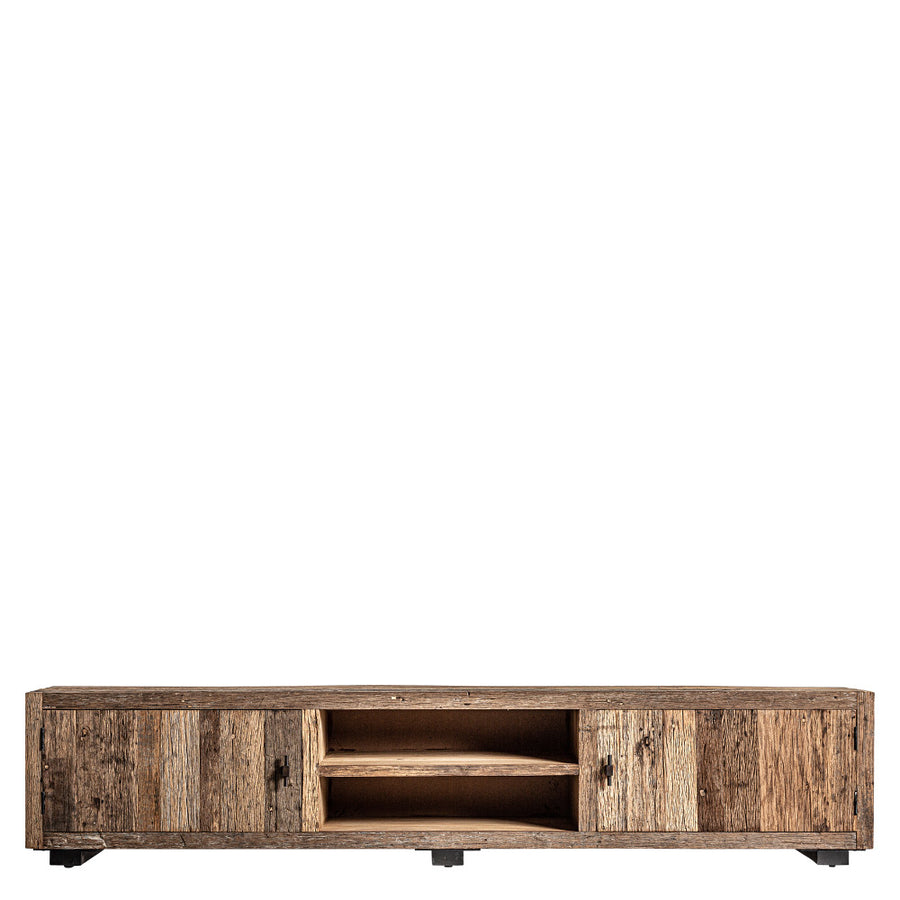 Kortárs stílusú, natúr színű, újrahasznosított fenyőfából készült TV-szekrény