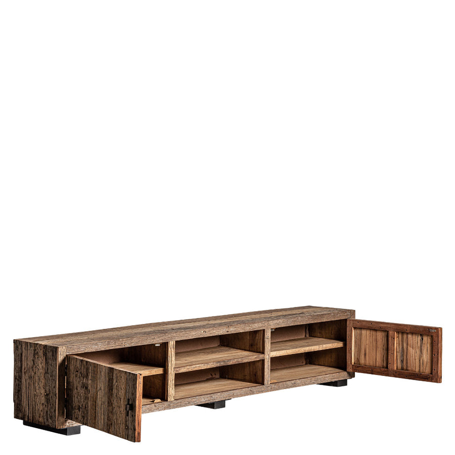 Kortárs stílusú, natúr színű, újrahasznosított fenyőfából készült TV-szekrény