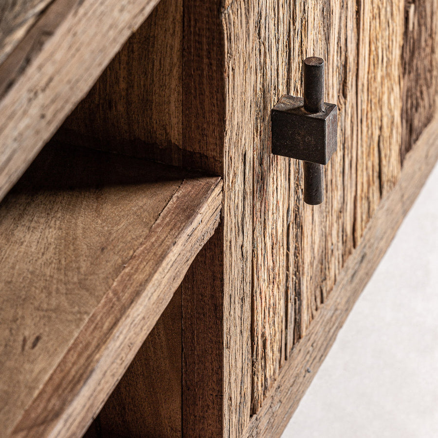 Kortárs stílusú, natúr színű, újrahasznosított fenyőfából készült TV-szekrény