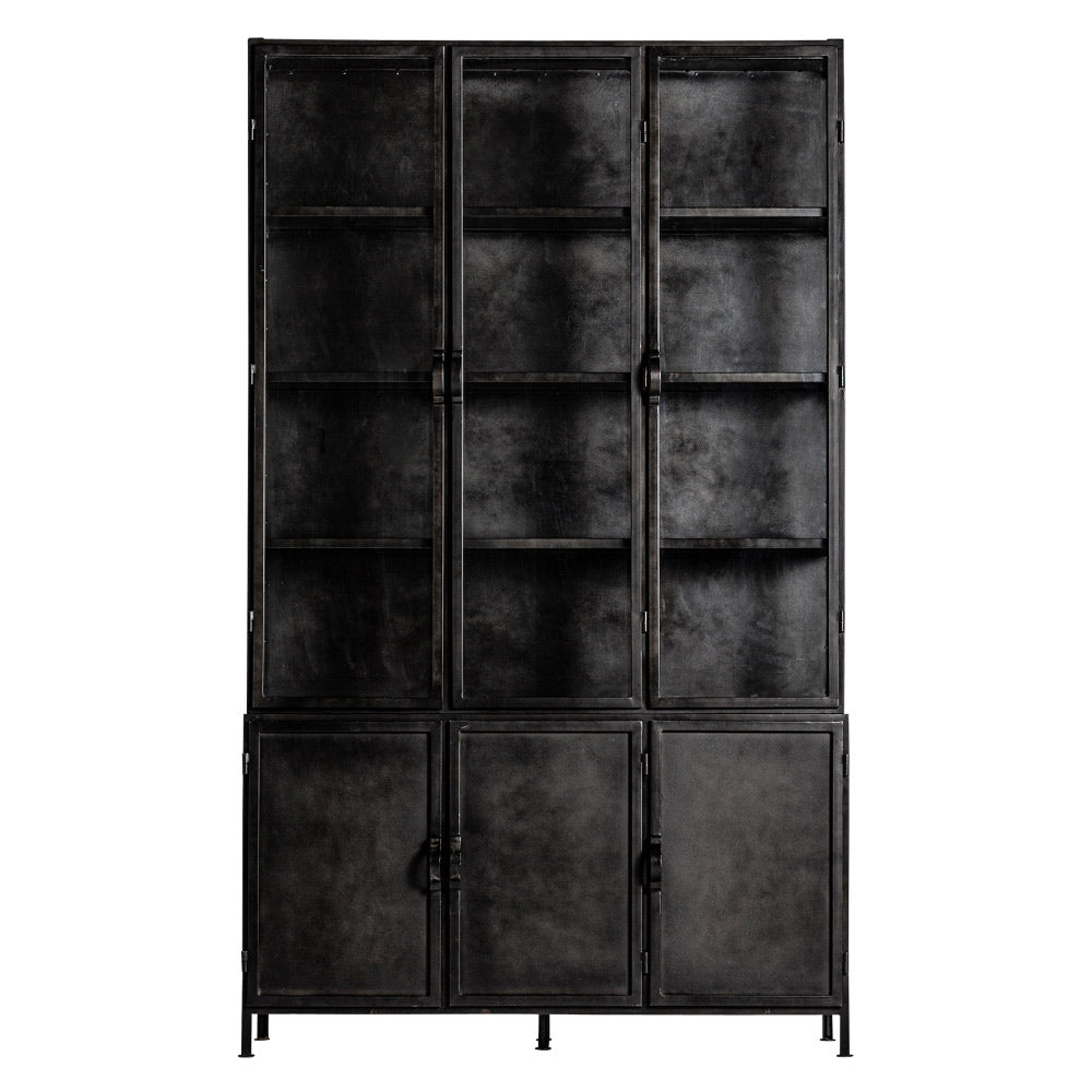 Ipari stílusú, antikolt fekete színű, 6 ajtós, vitrines tároló szekrény