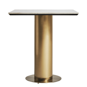 Art deco ihletésű, aranyszínű, fém bárasztal, fehér színű műmárvány fedlappal.