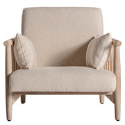 Vidéki kortárs stílusú, natúr színű, bukléhatású pamuttal kárpitozott, nyírfa fote