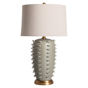 Kortárs, szürkészöld kerámiából készült, asztali lámpa, natúr színű lámpaernyővel