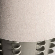 Kortárs, szürkészöld kerámiából készült, asztali lámpa, natúr színű lámpaernyővel