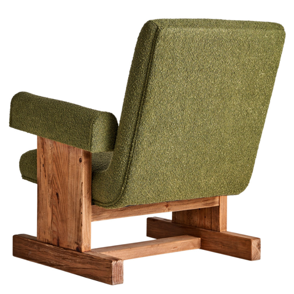 Retró-kortárs stílusú, fenyőfából készült, zöld színű buklé szövettel kárpitozott dizájn fotel
