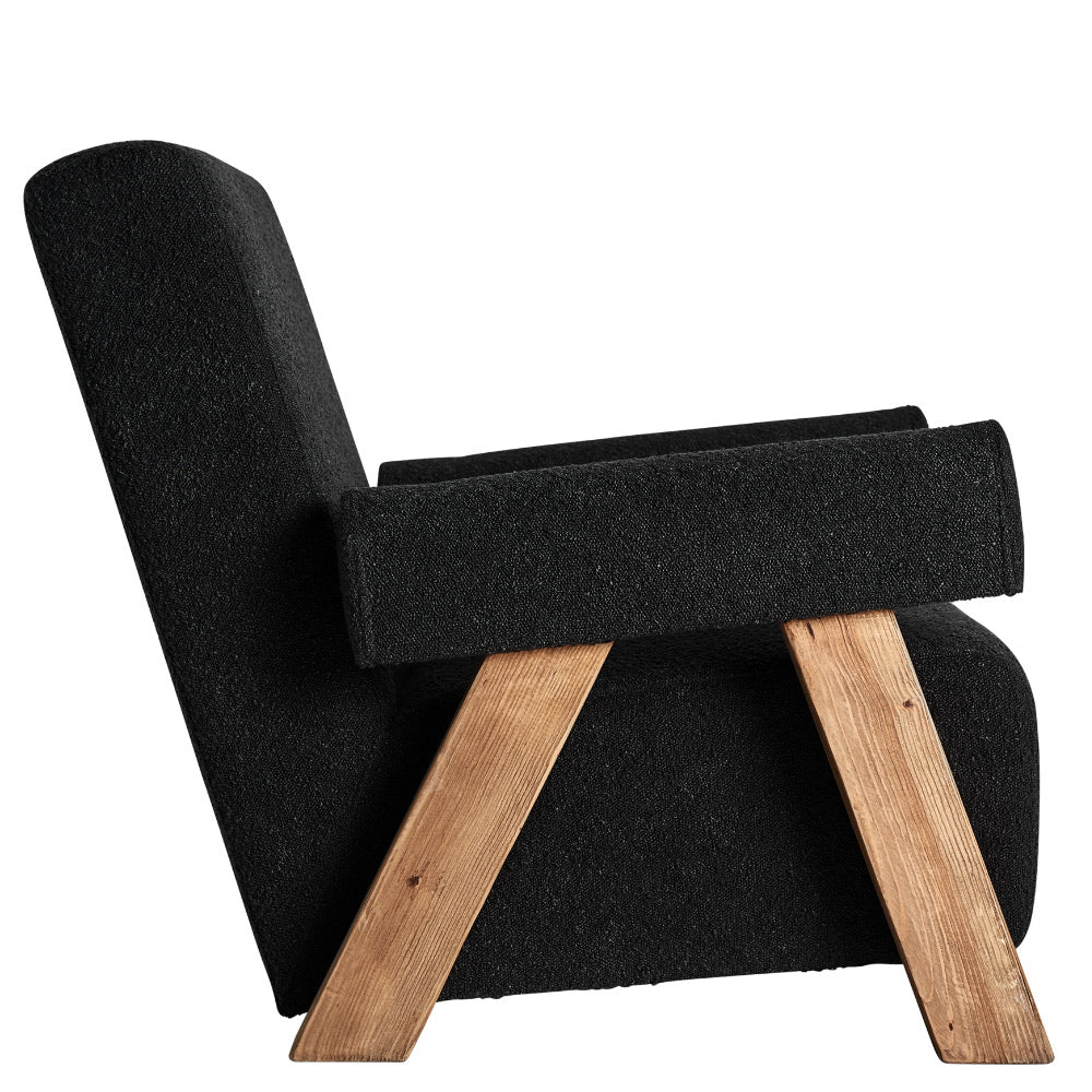 Kortárs stílusú, fenyőfából készült, fekete színű, buklé hatású szövettel kárpitozott fotel