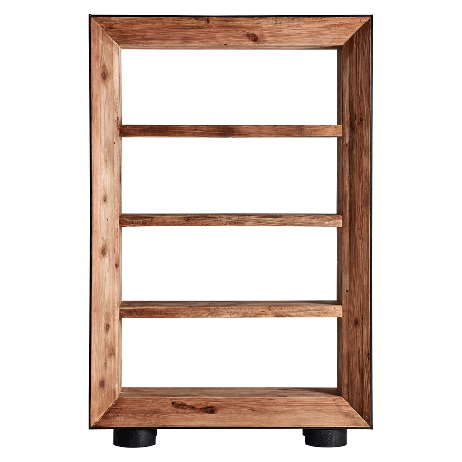 Kortárs stílusú, natúr színű, újrahasznosított fenyőfából készült könyvespolc.