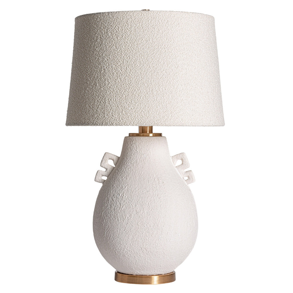 Arany és fehér színű, nagy méretű asztali lámpa, buklé hatású pamutvászon lámpaernyővel