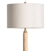 Art Deco stílusú, aranyszínű fémből és bézs márványból készült, asztali lámpa fehér lámpaernyővel