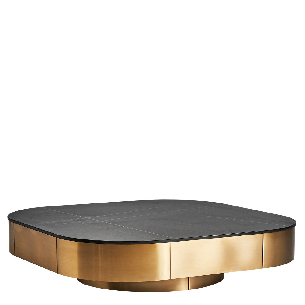 Art deco, aranyszínű acélból készült, dizájn dohányzóasztal fekete műmárvány asztallappal