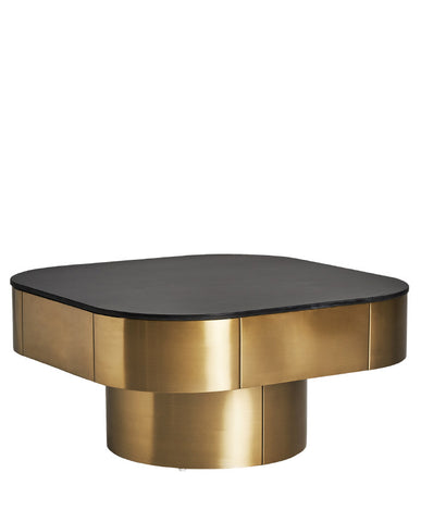Art deco, aranyszínű acélból készült, dizájn dohányzóasztal fekete műmárvány asztallappal