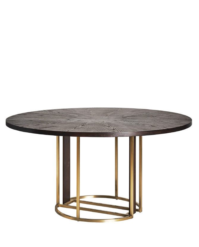 Art deco stílusú, aranyszínű, fémszerkezetes étkezőasztal fenyőfa fedlappal.