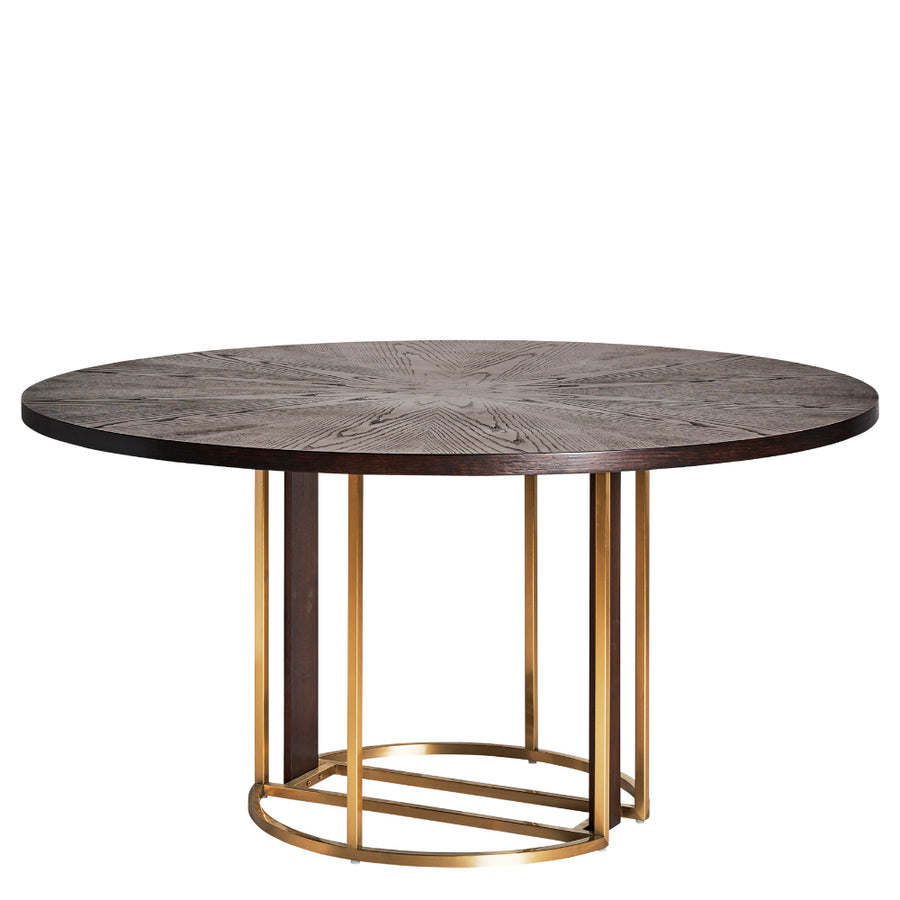 Art deco stílusú, aranyszínű, fémszerkezetes étkezőasztal fenyőfa fedlappal.