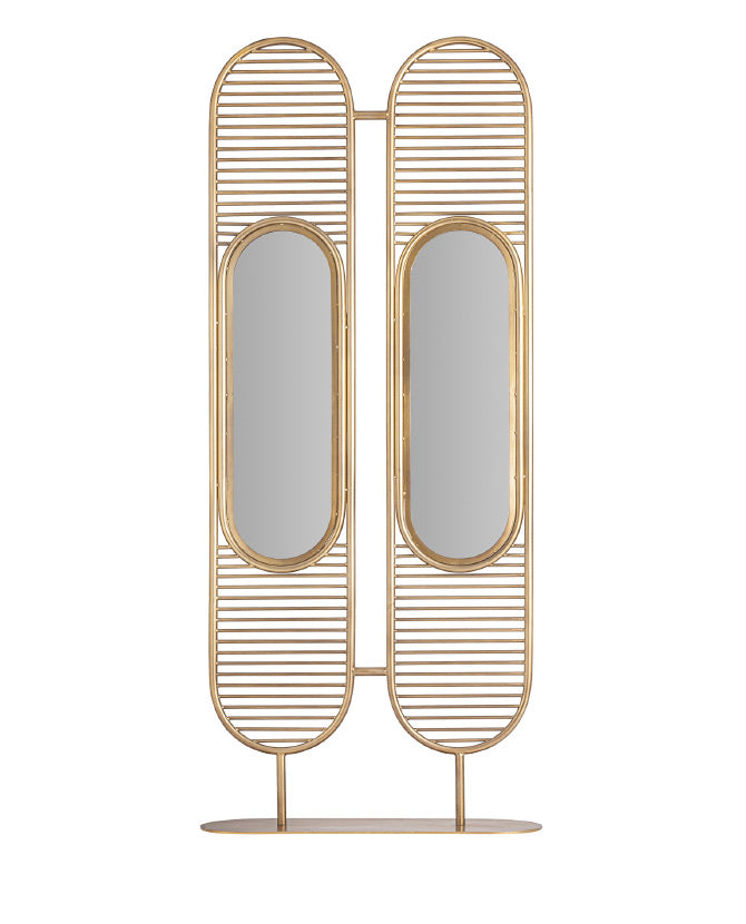 Galmour stílusú, aranyszínű acélból készült térelválasztó két darab ovális tükörrel