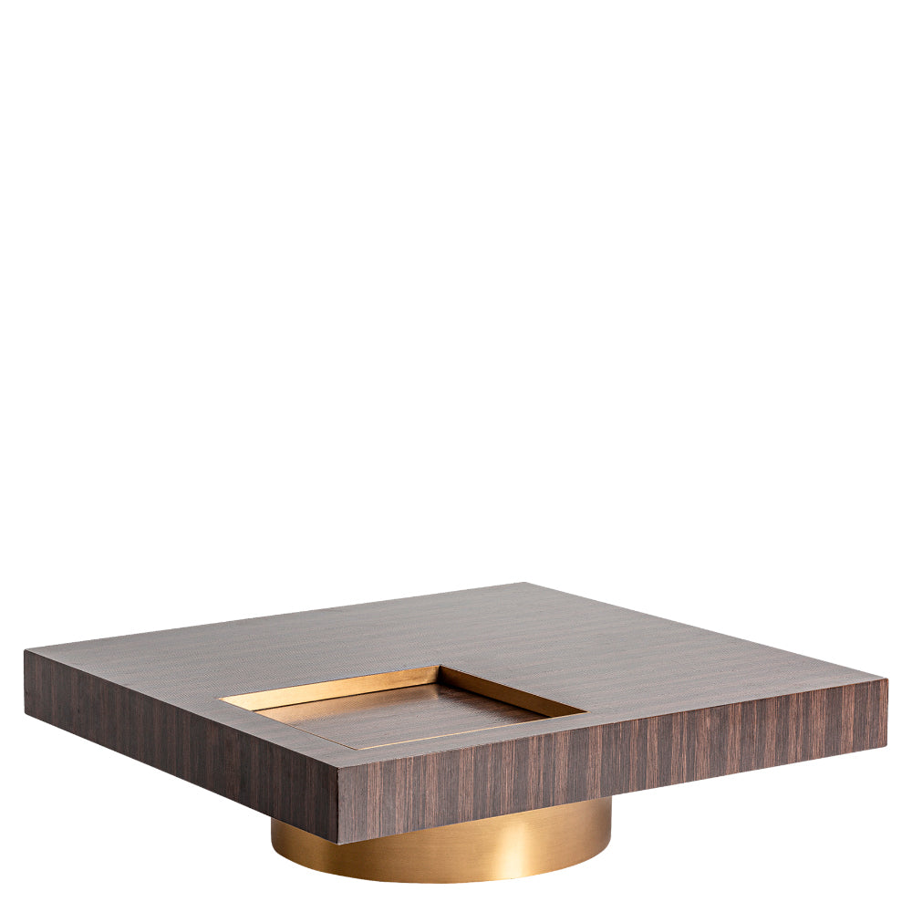 Art deco stílusú, fenyőfából és aranyszínű acélból készült, dizájn dohányzóasztal