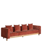 Kortárs stílusú, fenyőfából és tölgyfából készült, burgundi vörös színű, bársonyhatású poliészter szövettel kárpitozott kanapé