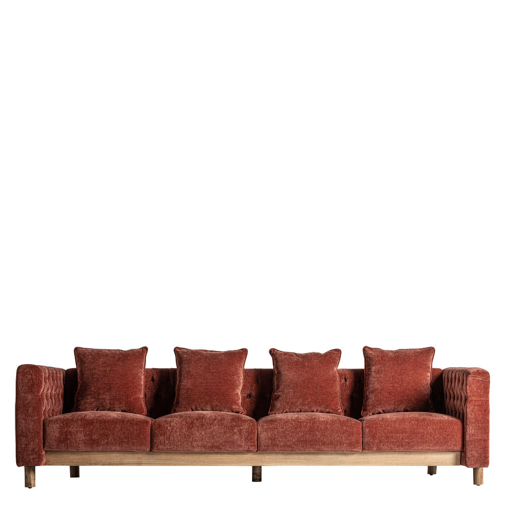 Kortárs stílusú, fenyőfából és tölgyfából készült, burgundi vörös színű, bársonyhatású poliészter szövettel kárpitozott kanapé